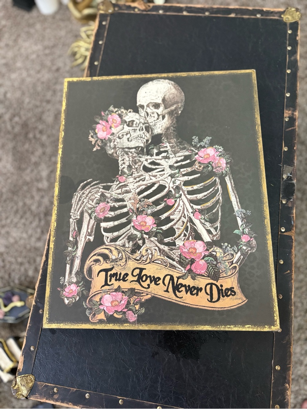 Ashland Black 'True Love Never Dies' Skeleton Wall Art with Pink Flowers